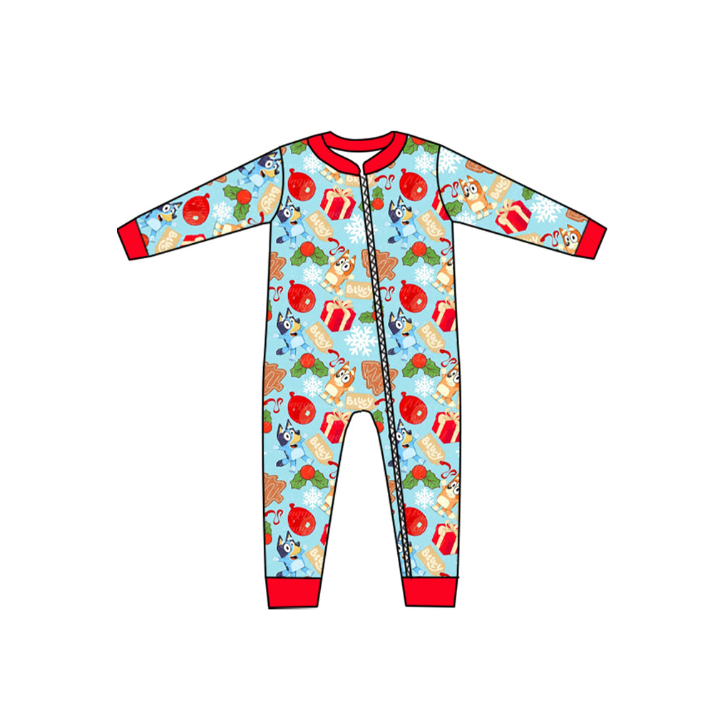 (Pre-order)LR1318 Cartoon Dog Holly Print Baby Boys Christmas Sleeper Zipper Romper