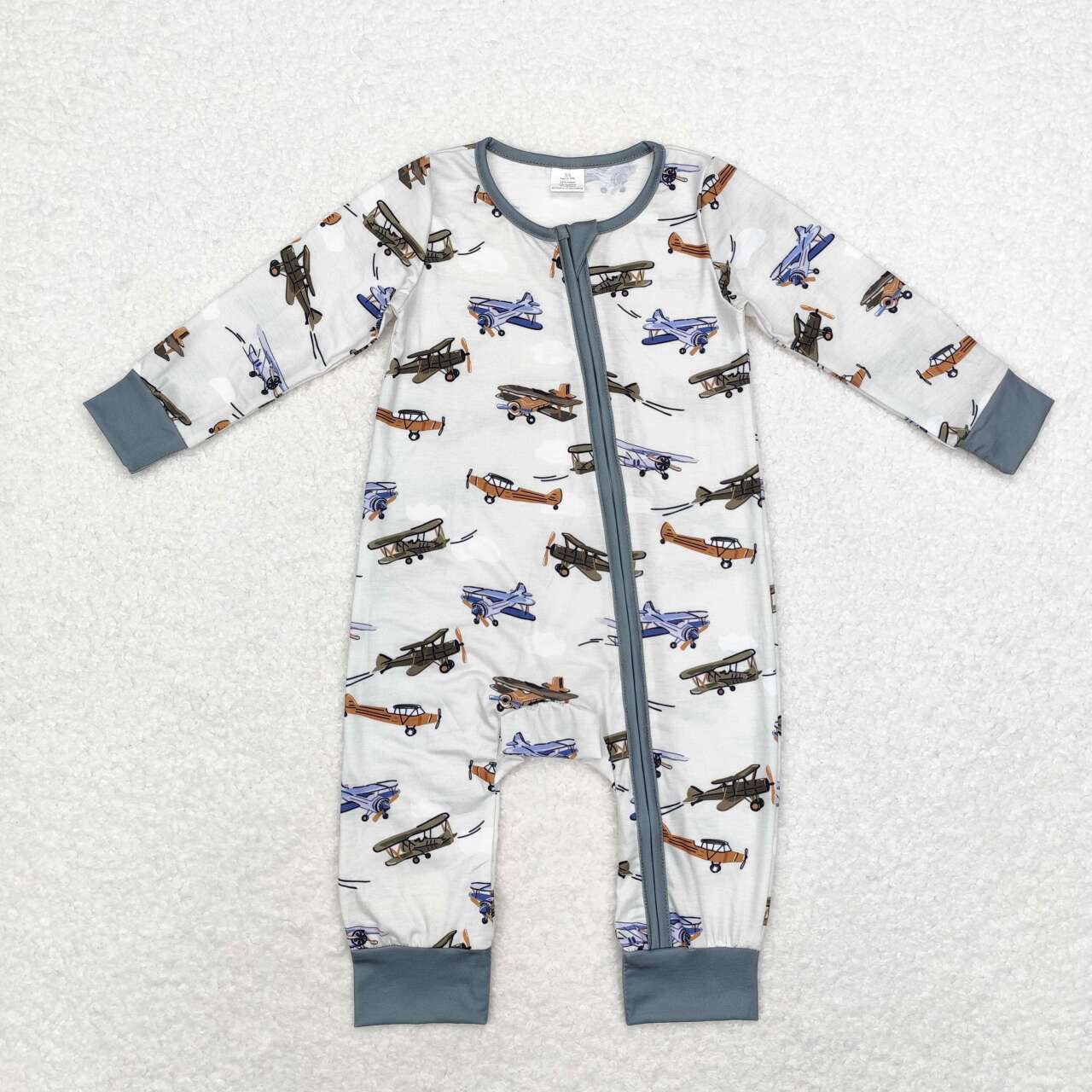 LR1326 Plane Print Baby Boys Fall Bamboo Sleeper Zipper Romper