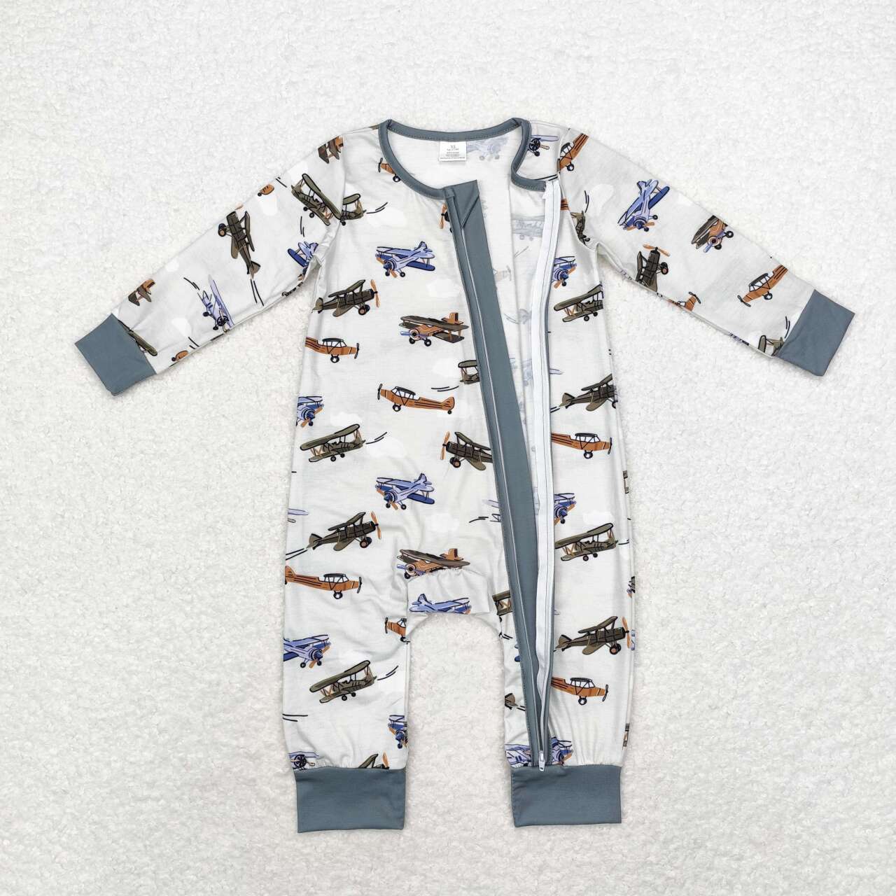 LR1326 Plane Print Baby Boys Fall Bamboo Sleeper Zipper Romper