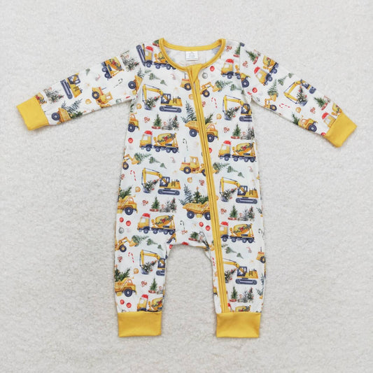 LR1332 Construction Truck Print Baby Boys Christmas Bamboo Sleeper Zipper Romper