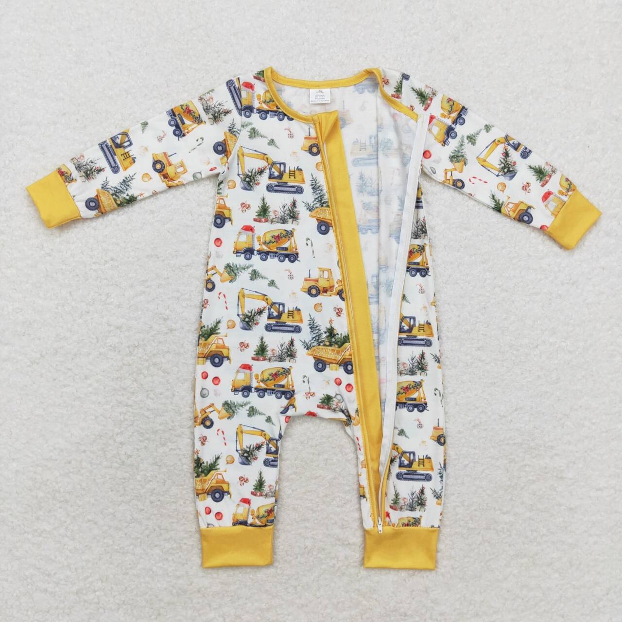 LR1332 Construction Truck Print Baby Boys Christmas Bamboo Sleeper Zipper Romper