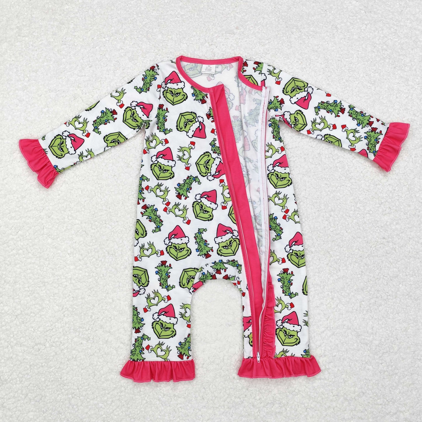 LR1337 Green Frog Face Print Baby Girls Christmas Bamboo Sleeper Zipper Romper