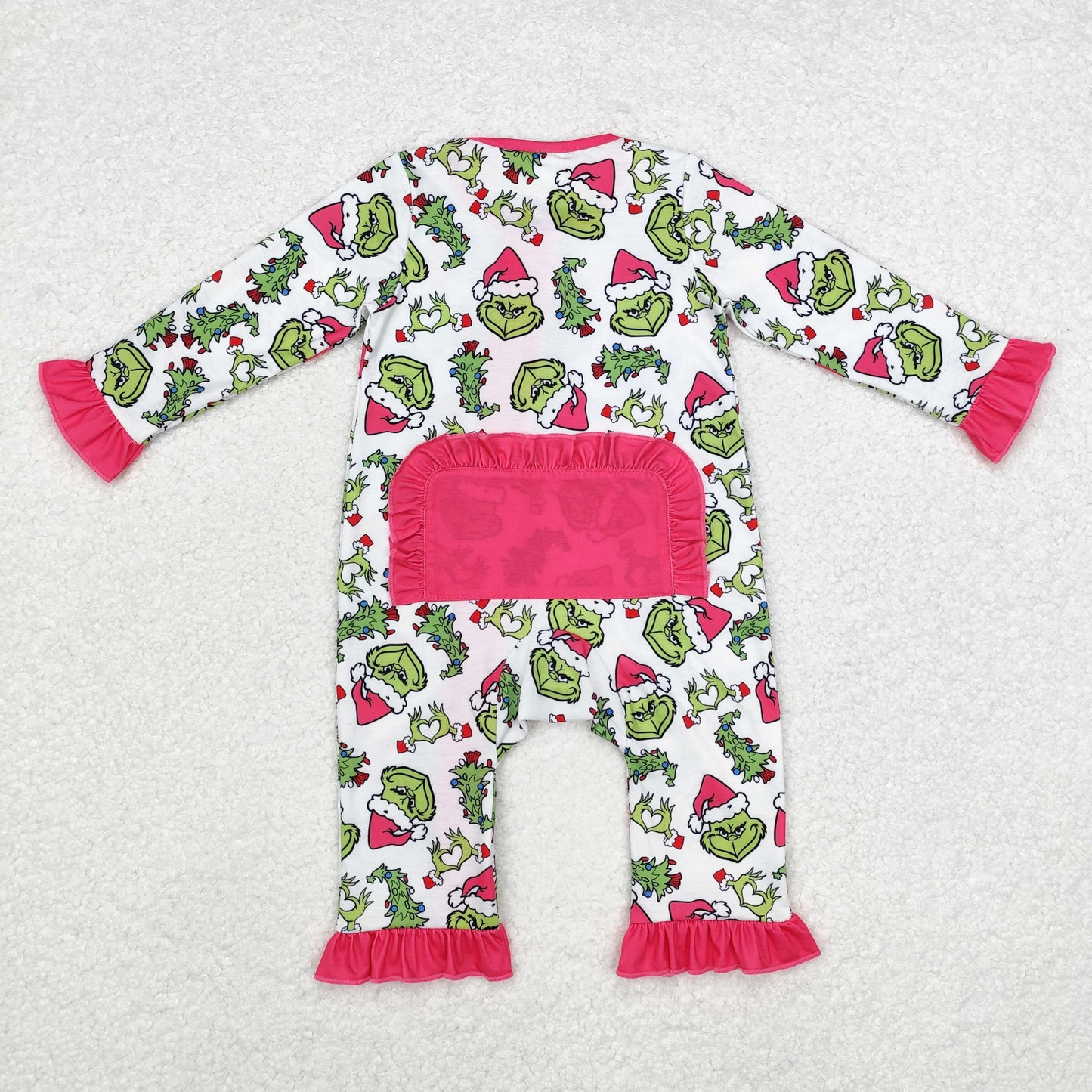 LR1337 Green Frog Face Print Baby Girls Christmas Bamboo Sleeper Zipper Romper