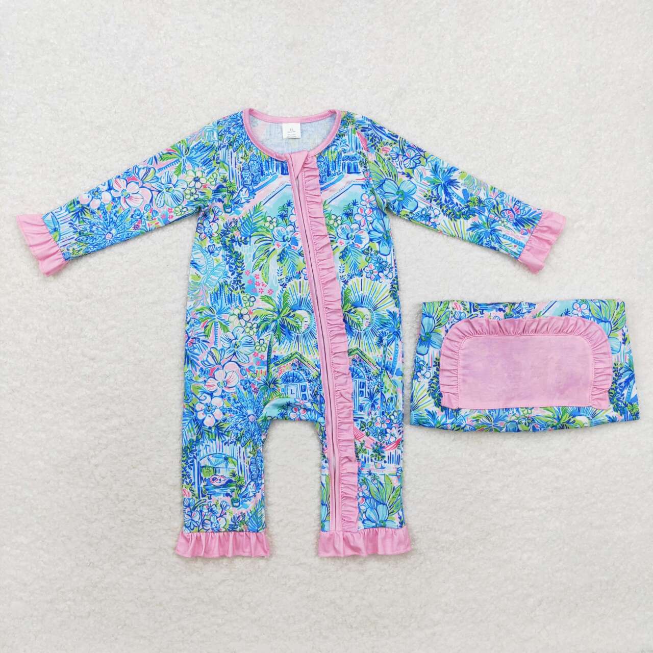 LR1339 Blue Flowers House Print Baby Girls Fall Bamboo Sleeper Zipper Romper