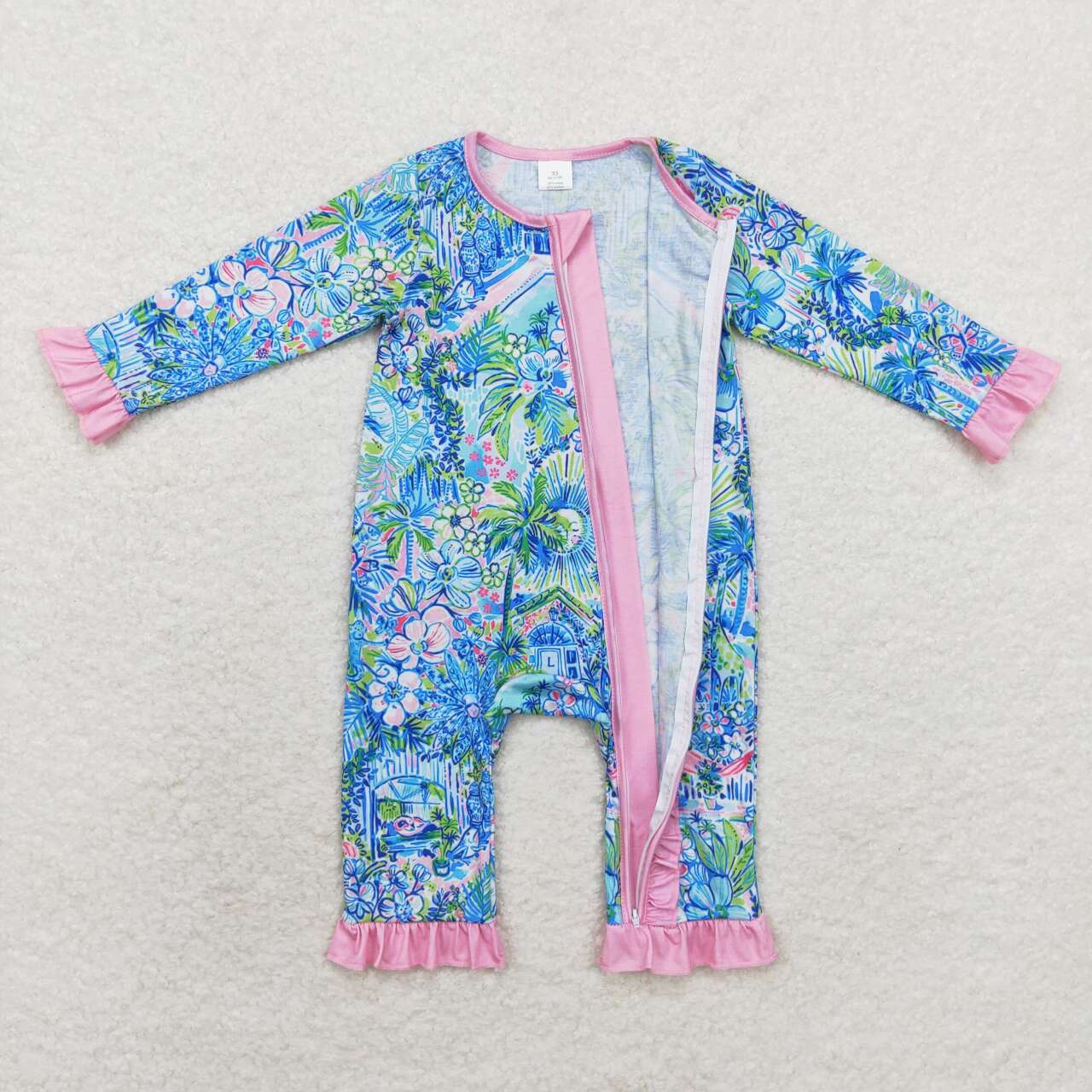 LR1339 Blue Flowers House Print Baby Girls Fall Bamboo Sleeper Zipper Romper