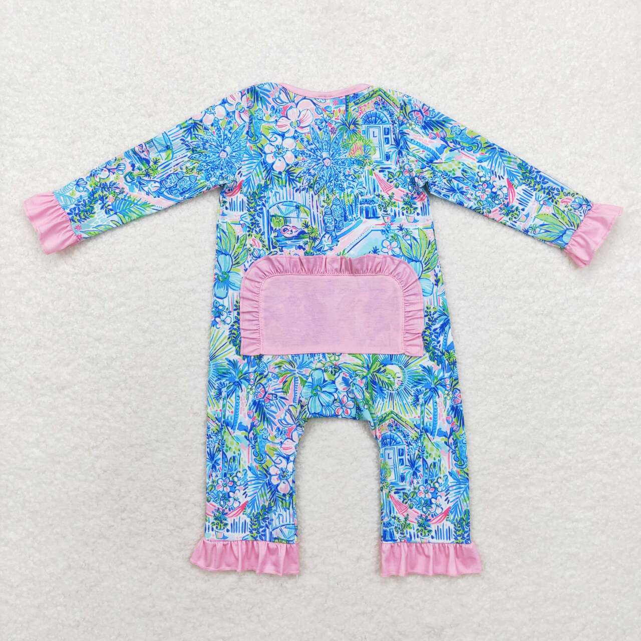 LR1339 Blue Flowers House Print Baby Girls Fall Bamboo Sleeper Zipper Romper