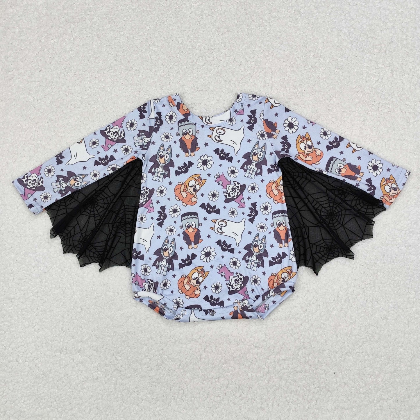 LR1341 Cartoon Dog Pumpkin Flowers Print Baby Girls Halloween Tulle Romper