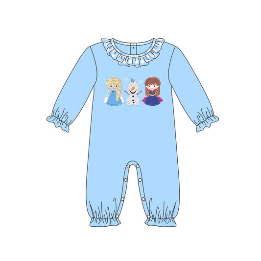 (Pre-order)LR1342 Cartoon Princess Blue Print Baby Girls Fall Romper