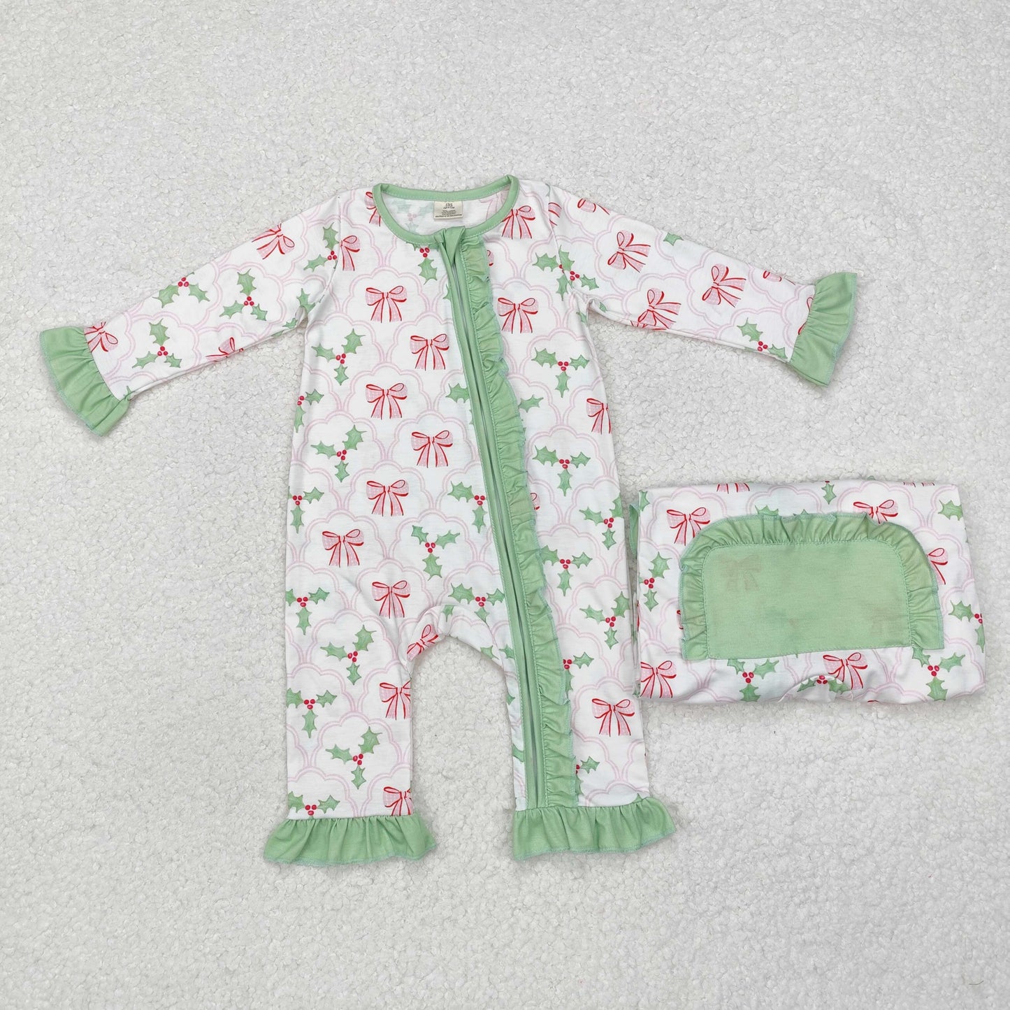 LR1344 Pink Bows Holly Print Baby Girls Christmas Bamboo Sleeper Zipper Romper