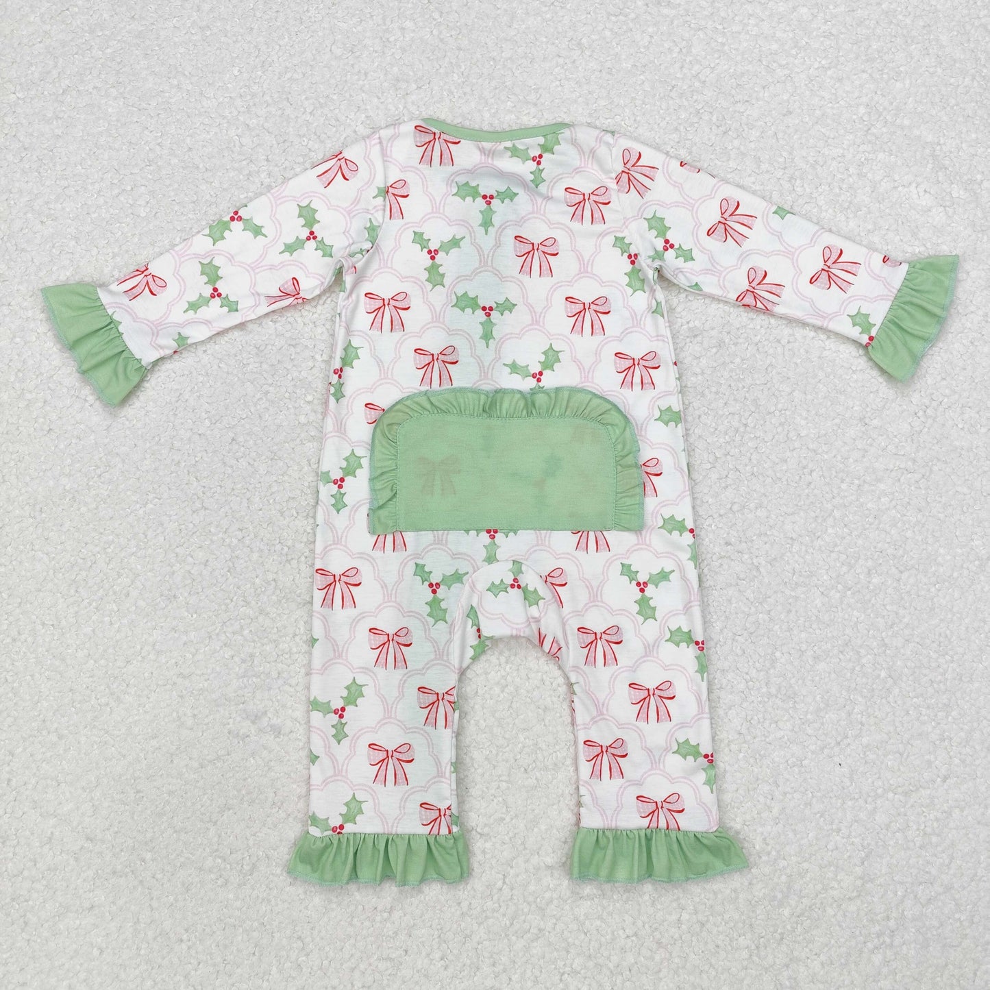 LR1344 Pink Bows Holly Print Baby Girls Christmas Bamboo Sleeper Zipper Romper