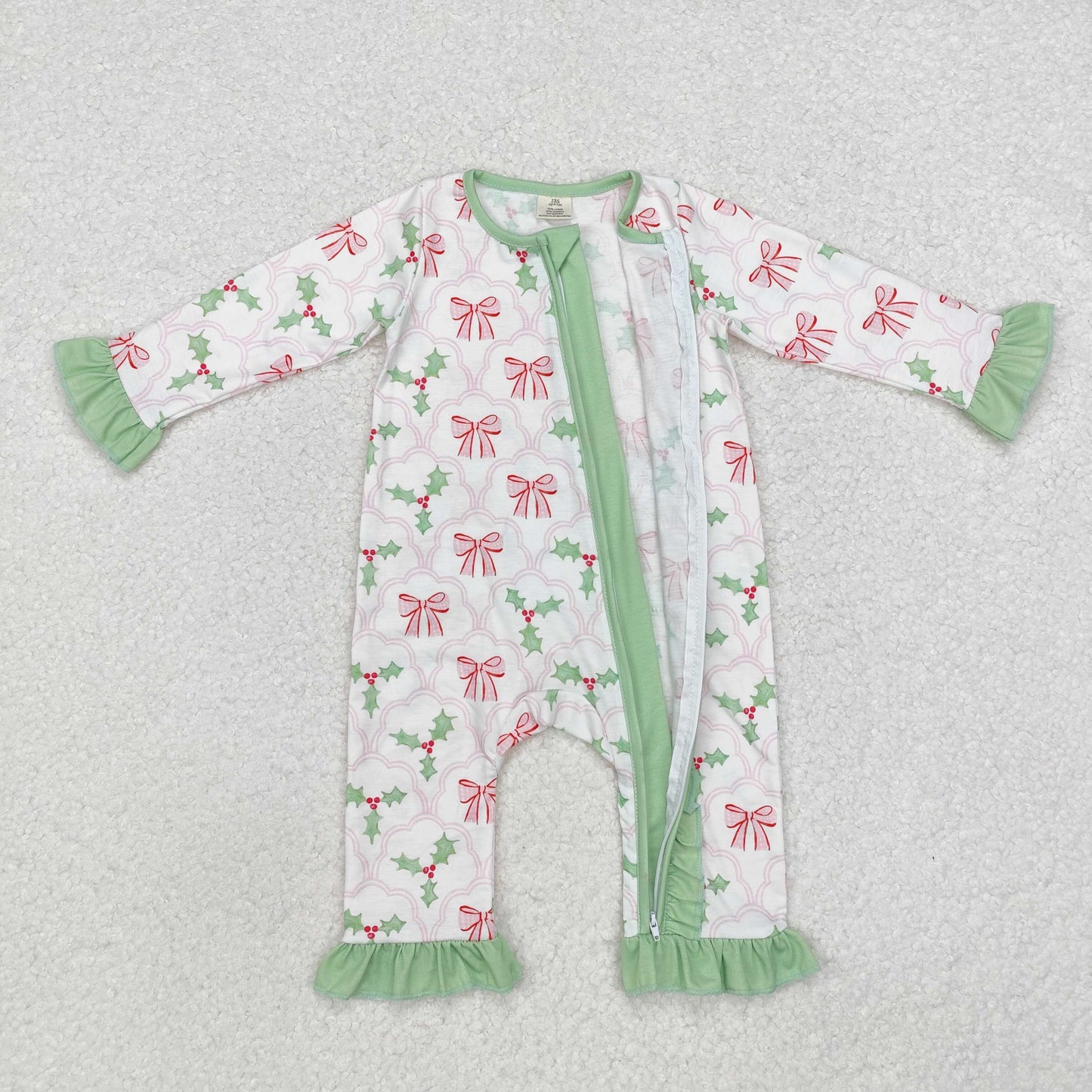 LR1344 Pink Bows Holly Print Baby Girls Christmas Bamboo Sleeper Zipper Romper