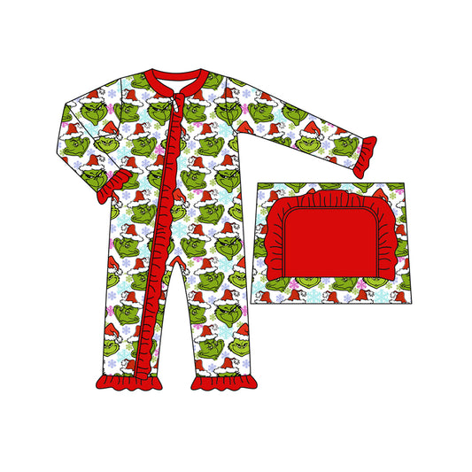 (Pre-order)LR1346 Frog Face Snowflake Print Baby Girls Christmas Sleeper Zipper Romper
