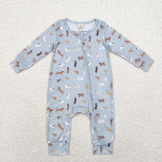 LR1351 Dog Gray Print Baby Boys Fall Bamboo Sleeper Zipper Romper