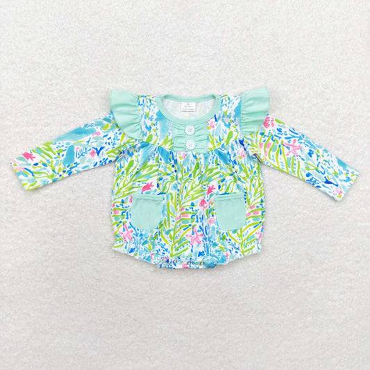 LR1353 Seaweed Print Baby Girls Fall Romper