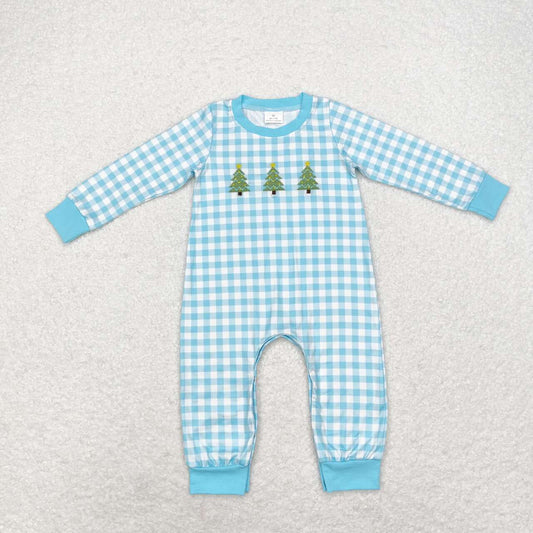 LR1366 Tree Embroidery Plaid Print Baby Boys Christmas Romper