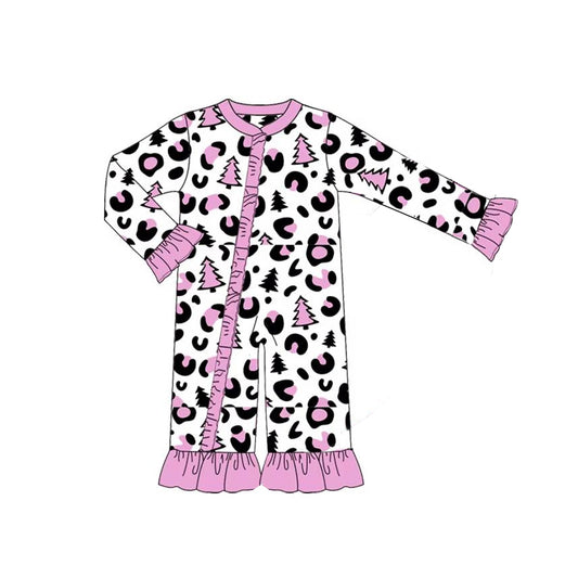 (Pre-order)LR1371 Pink Leopard Print Baby Girls Christmas Sleeper Zipper Romper