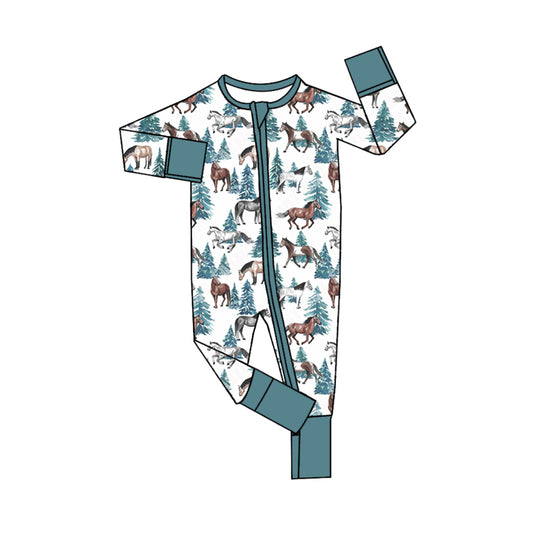 (Pre-order)LR1372 Horse Print Baby Boys Fall Sleeper Zipper Romper