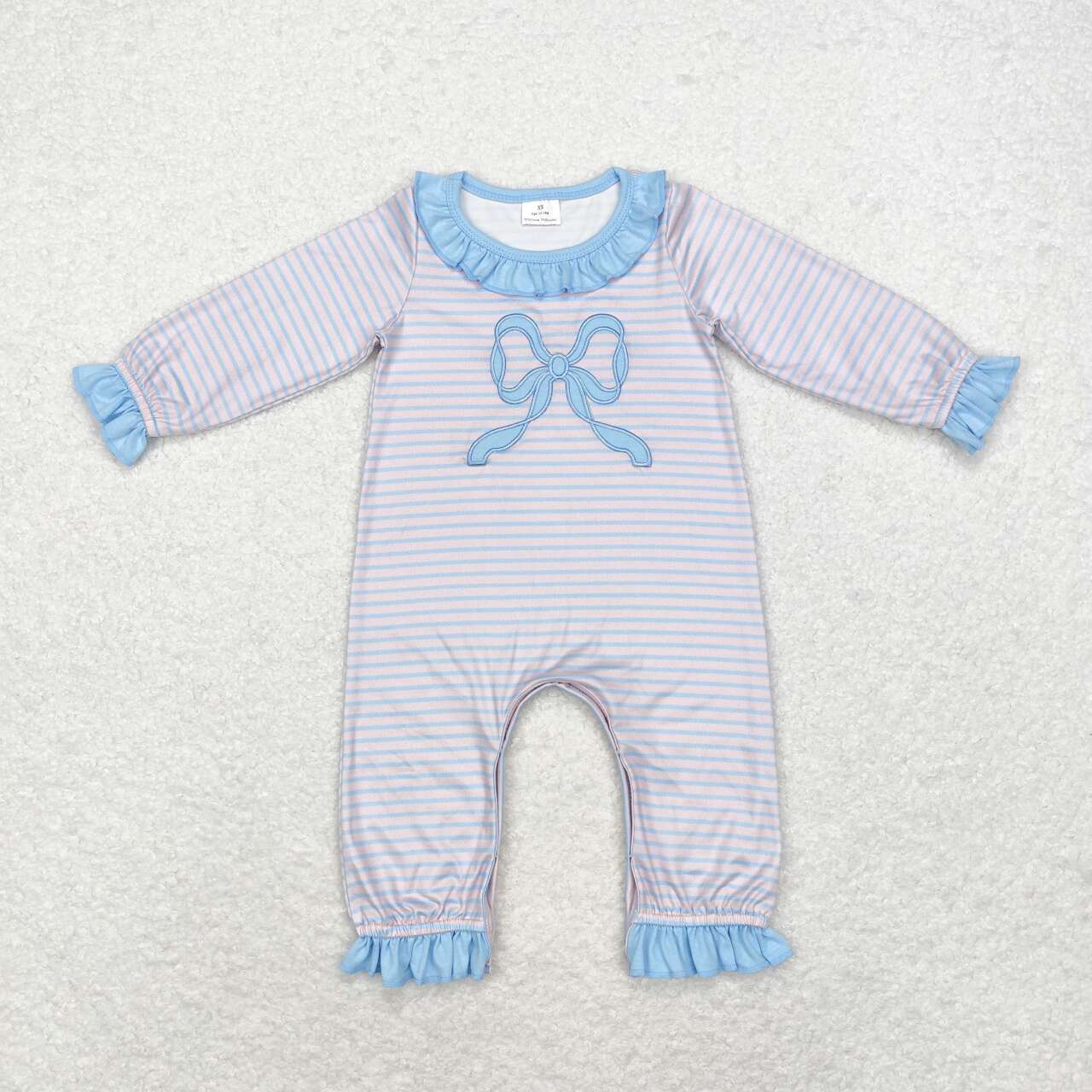 LR1378 Blue Bow Embroidery Stripes Print Baby Girls Fall Romper