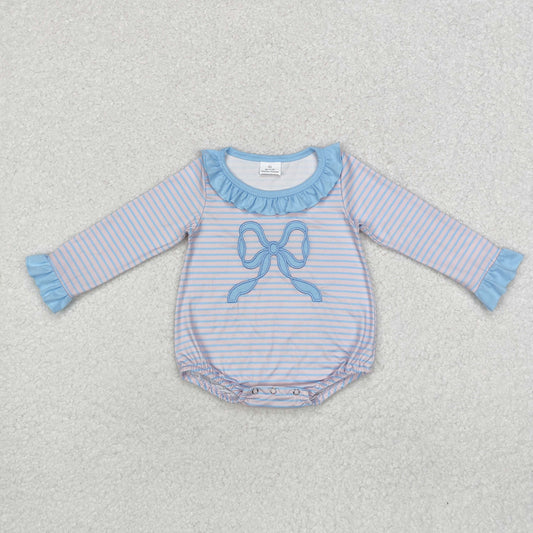 LR1379 Bow Embroidery Blue Stripes Print Baby Girls Fall Romper