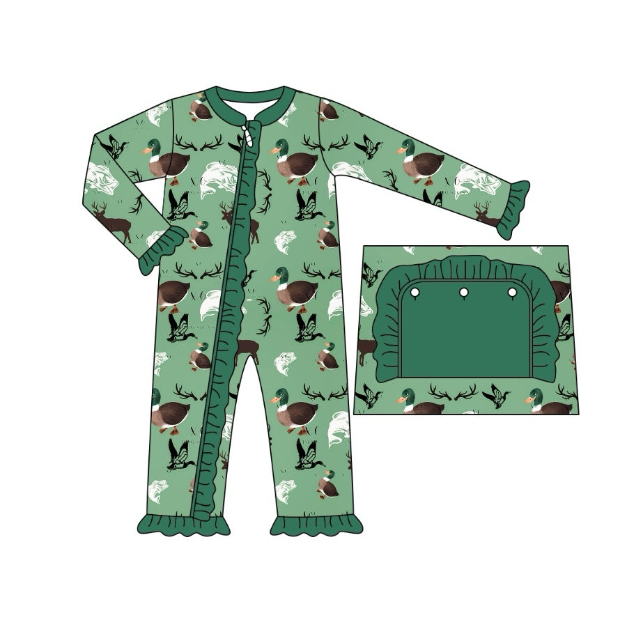 (Pre-order)LR1385 Duck Deer Fish Hunting Print Baby Girls Fall Sleeper Zipper Romper