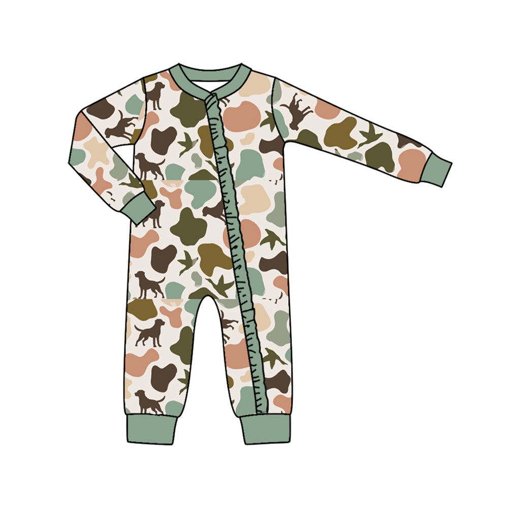 (Pre-order)LR1386 Camo Dog Duck Hunting Print Baby Girls Fall Sleeper Zipper Romper