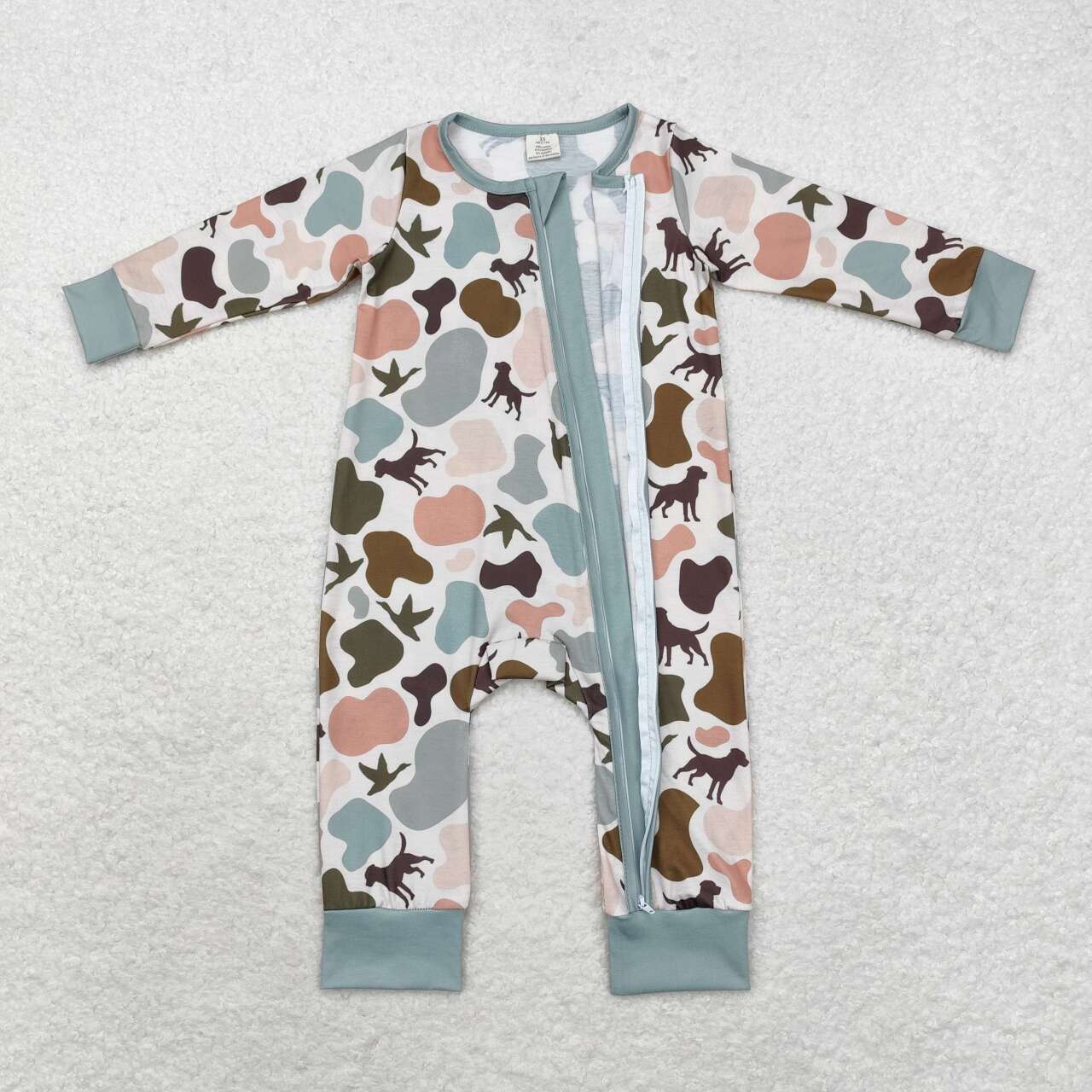 LR1387  Camo Dog Duck Hunting Print Baby Boys Fall Bamboo Sleeper Zipper Romper