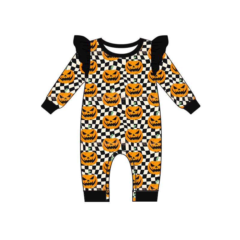 (Pre-order)LR1388 Pumpkin Plaid Print Baby Girls Halloween Romper