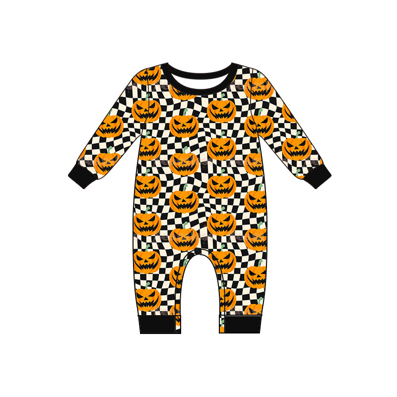 (Pre-order)LR1389 Pumpkin Plaid Print Baby Boys Halloween Romper