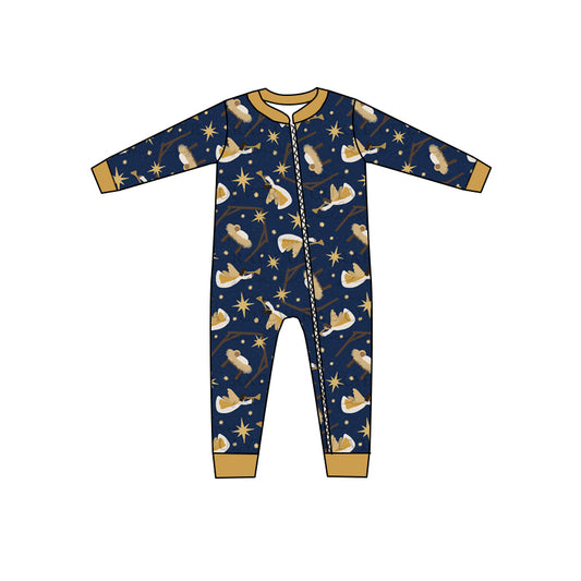 (Pre-order)LR1391  Nativity Navy Print Baby Boys Christmas Sleeper Zipper Romper