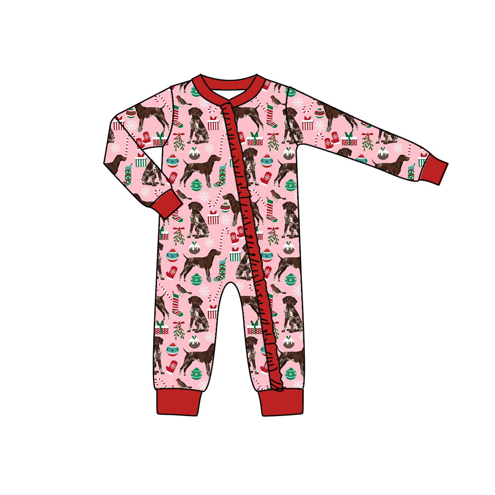 (Pre-order)LR1393 Dog Pink Print Baby Girls Christmas Sleeper Zipper Romper