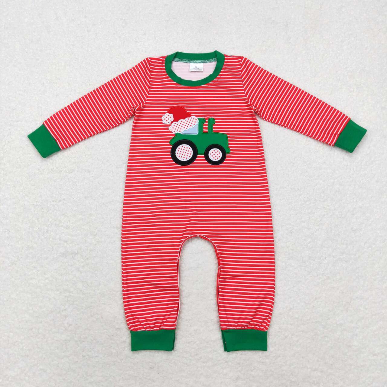 LR1401  Tractors Embroidery Red Stripes Print Baby Boys Christmas Romper