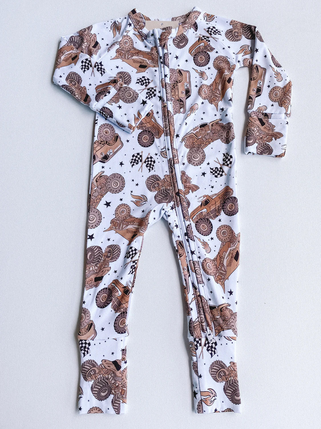 (Pre-order)LR1409 Monster Truck Brown Print Baby Boys Fall Sleeper Zipper Romper