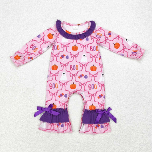 LR1411 Bows Ghost Pumpkin Boo Print Baby Girls Halloween Romper