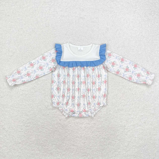 LR1412 Blue Bows Pink Flowers Print Baby Girls Fall Romper