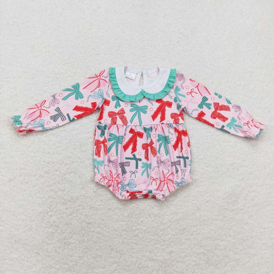 LR1413 Red Green Bows Print Baby Girls Christmas Romper