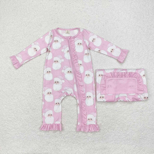 LR1414 Santa Pink Print Baby Girls Christmas Bamboo Sleeper Zipper Romper