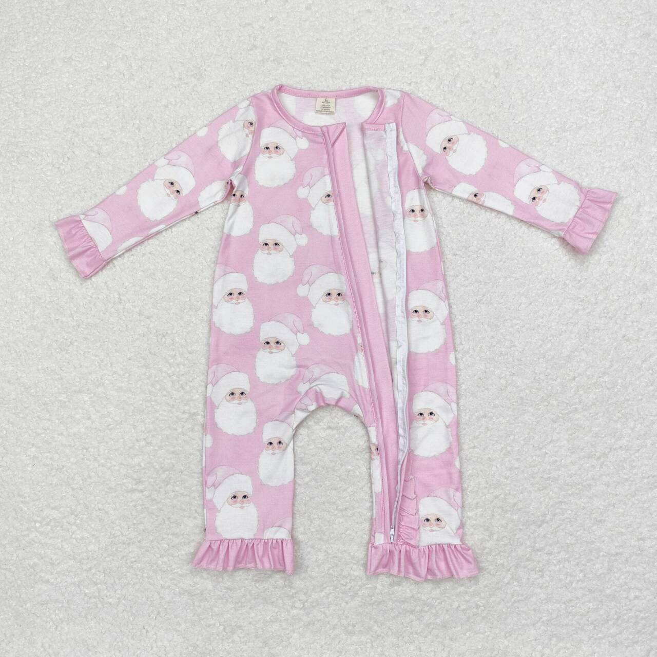 LR1414 Santa Pink Print Baby Girls Christmas Bamboo Sleeper Zipper Romper