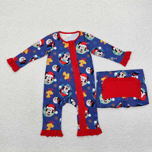 LR1416 Cartoon Mouse Print Baby Girls Christmas Sleeper Zipper Romper