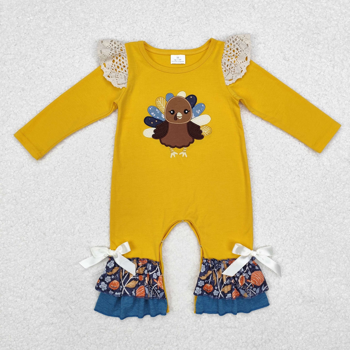 LR1423 Turkey Embroidery Baby Girls Thanksgiving Romper