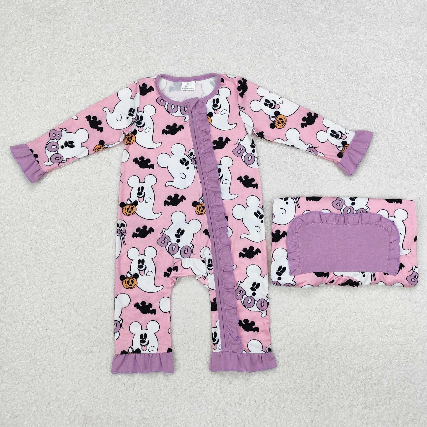 LR1424 Cartoon Mouse Ghost BOO Print Baby Girls Halloween Bamboo Sleeper Zipper Romper