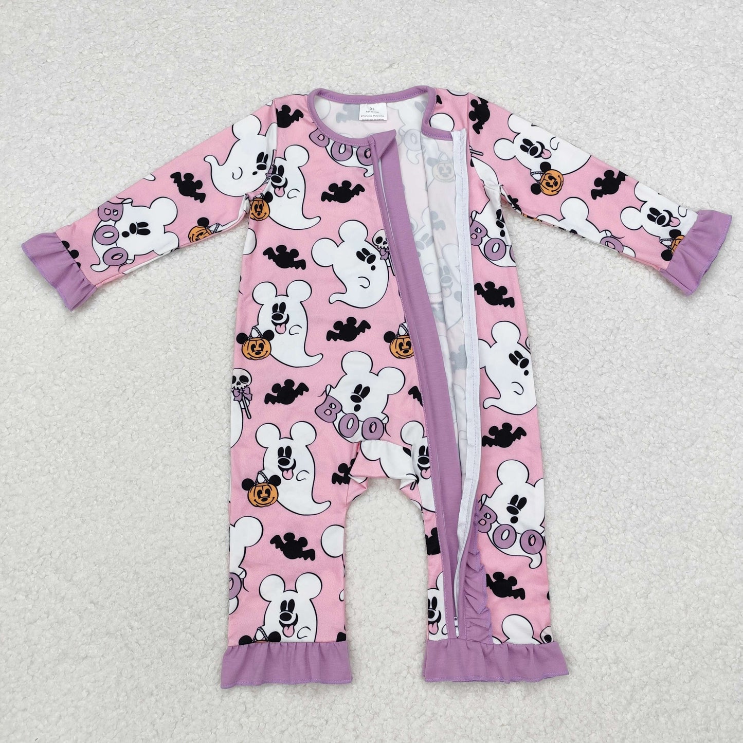 LR1424 Cartoon Mouse Ghost BOO Print Baby Girls Halloween Bamboo Sleeper Zipper Romper