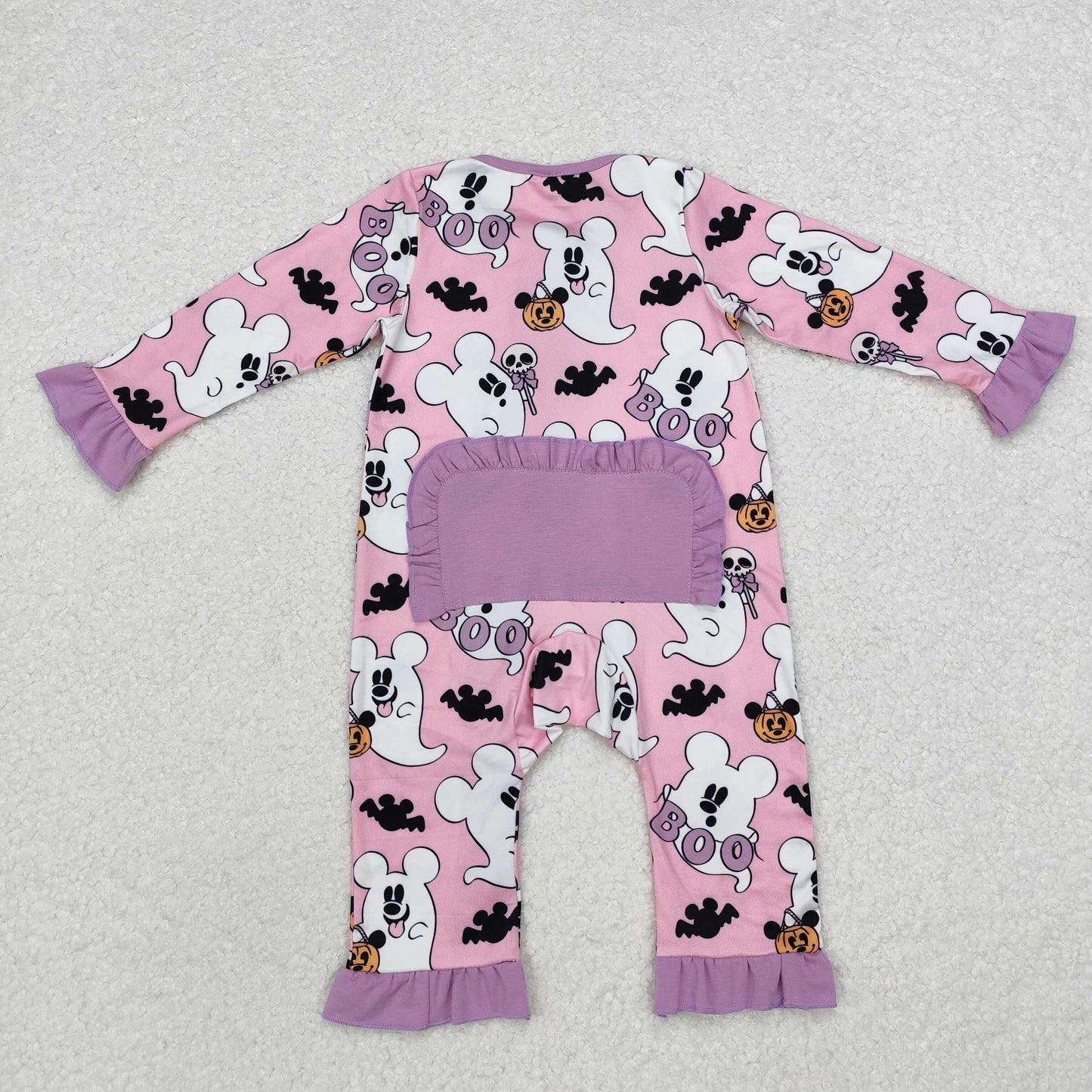 LR1424 Cartoon Mouse Ghost BOO Print Baby Girls Halloween Bamboo Sleeper Zipper Romper