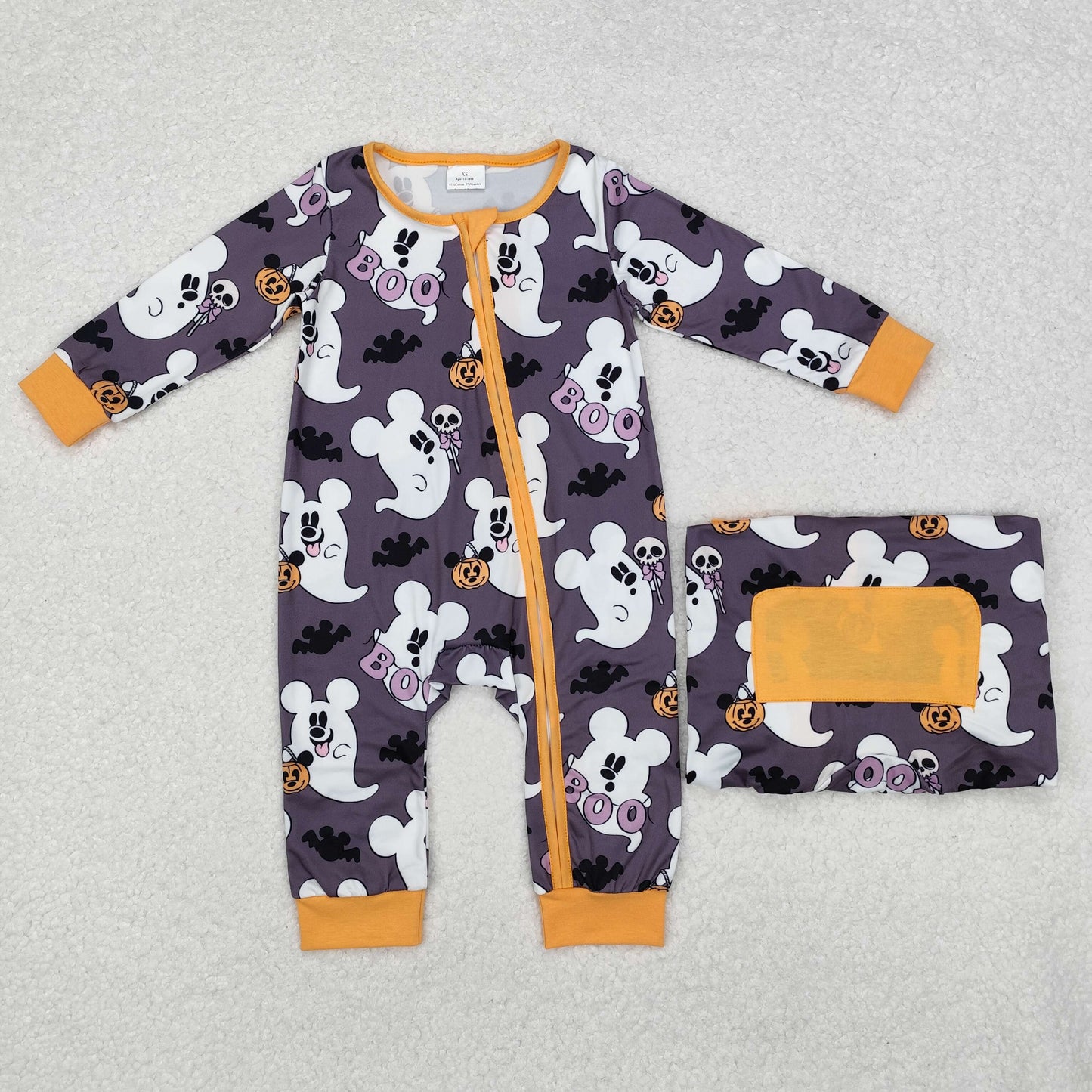 LR1425 Cartoon Mouse Ghost BOO Print Baby Boys Halloween Sleeper Zipper Romper