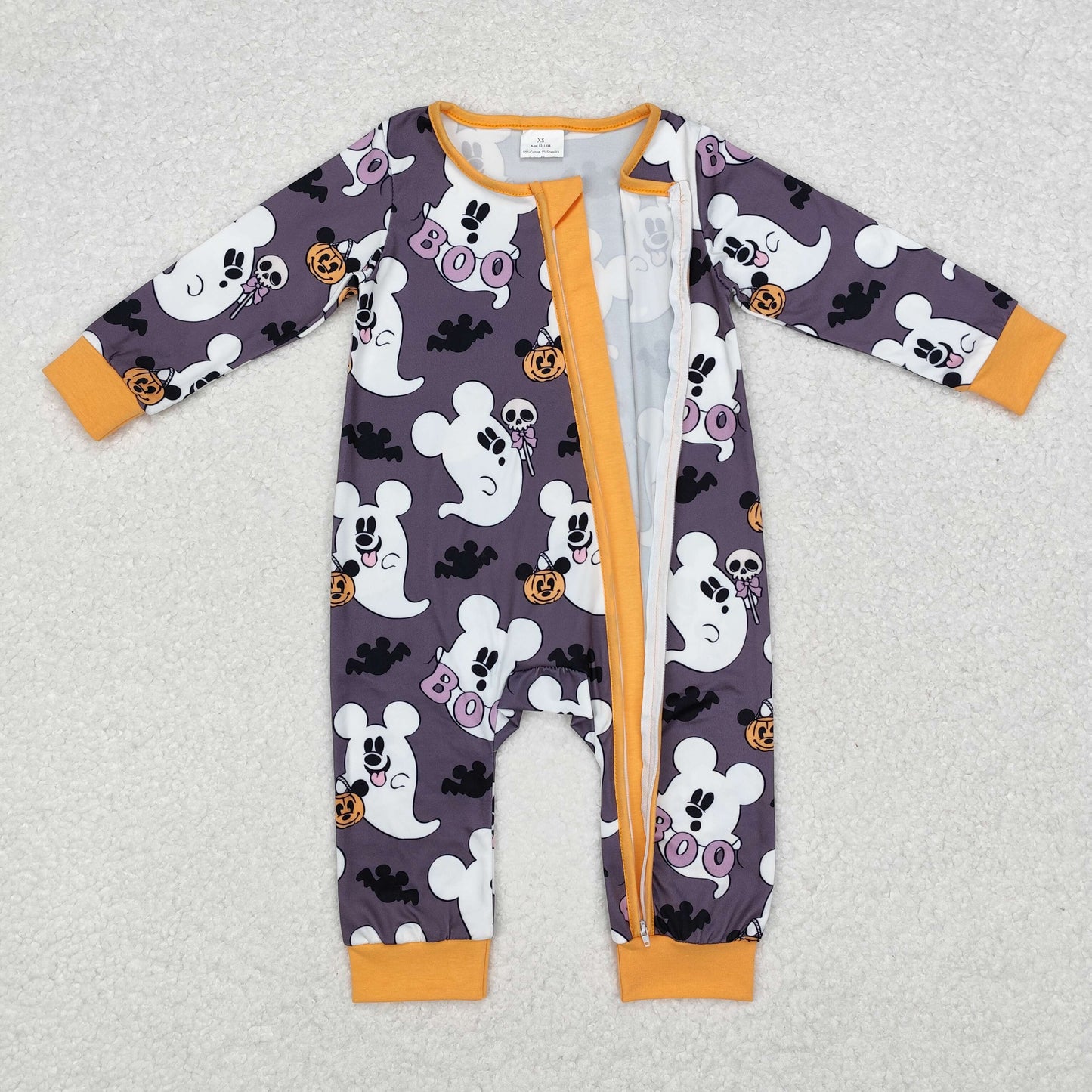 LR1425 Cartoon Mouse Ghost BOO Print Baby Boys Halloween Sleeper Zipper Romper