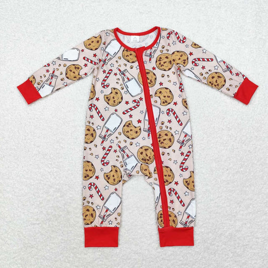 LR1426 Cookie Milk Candy Cane Print Baby Christmas Bamboo Sleeper Zipper Romper