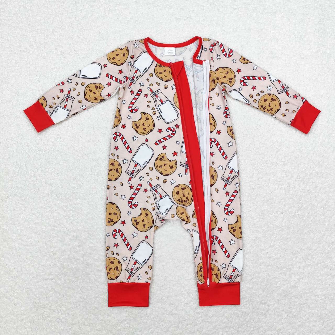 LR1426 Cookie Milk Candy Cane Print Baby Christmas Bamboo Sleeper Zipper Romper