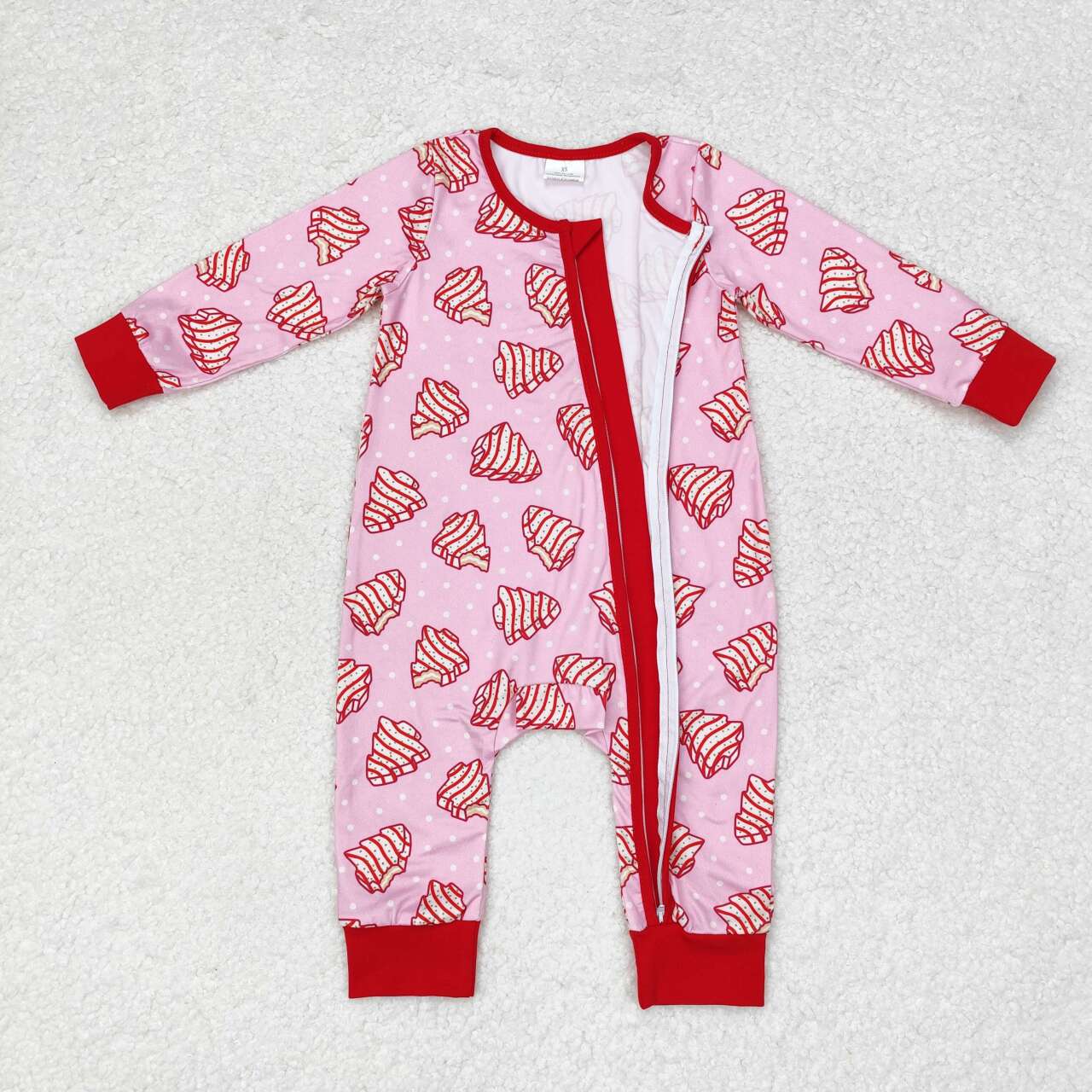 LR1428 Christmas Little Debbie Cakes Pink Print Baby Girls Sleeper Zipper Romper