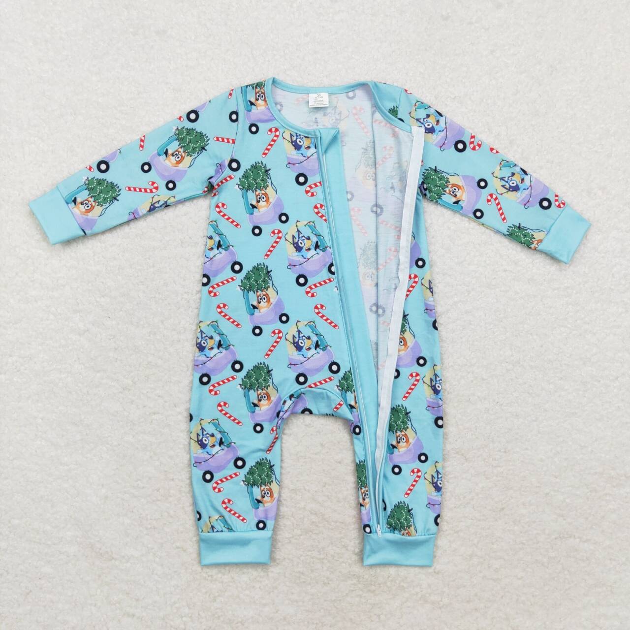 LR1431 Cartoon Dog Candy Cane Print Baby Boys Christmas Bamboo Sleeper Zipper Romper