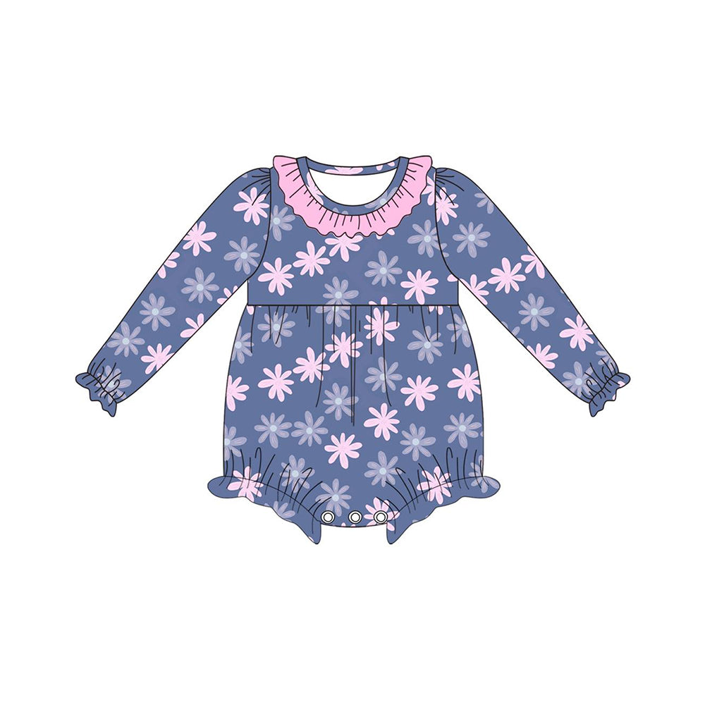 (Pre-order)LR1432 Pink Flowers Print Baby Girls Fall Romper