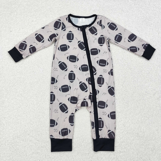 LR1435 Football Black Print Baby Boys Fall Bamboo Sleeper Zipper Romper